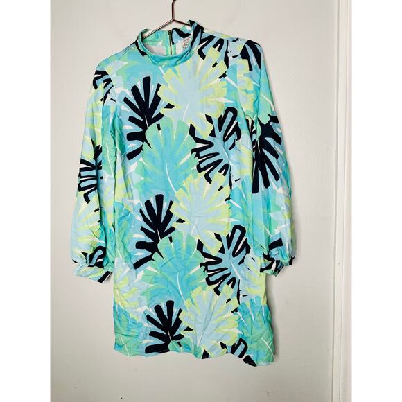 SAIL TO SABLE Blue Palm Tree High Neckline Mock Neck Mini Dress Size 8 - Picture 4 of 15